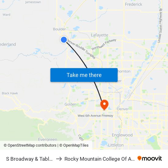 S Broadway & Table Mesa Dr to Rocky Mountain College Of Art And Design map