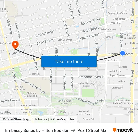 Embassy Suites by Hilton Boulder to Pearl Street Mall map