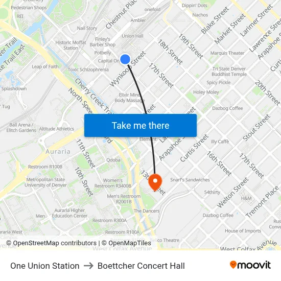 One Union Station to Boettcher Concert Hall map
