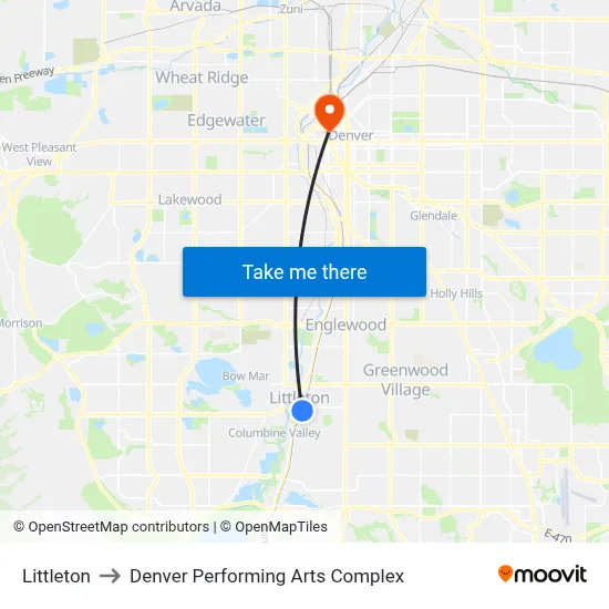 Littleton to Denver Performing Arts Complex map