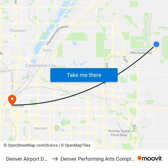 Denver Airport DEN to Denver Performing Arts Complex map