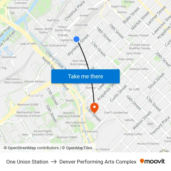 One Union Station to Denver Performing Arts Complex map