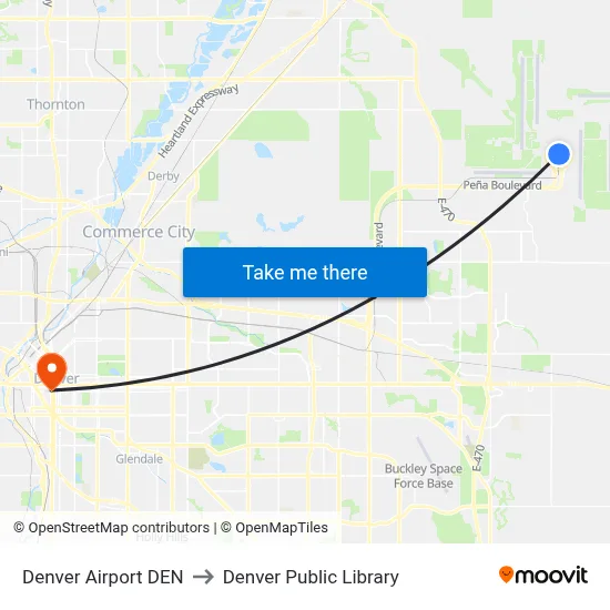 Denver Airport DEN to Denver Public Library map