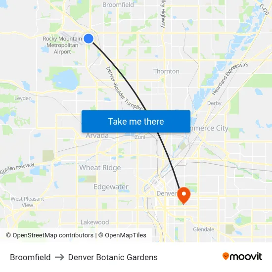 Broomfield to Denver Botanic Gardens map