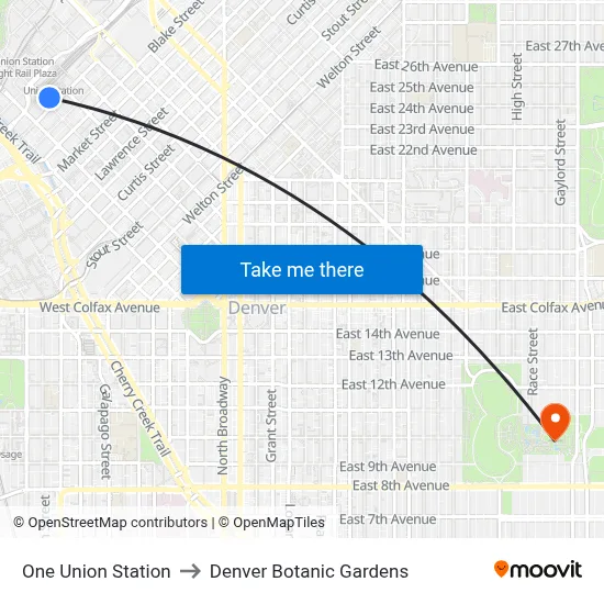 One Union Station to Denver Botanic Gardens map