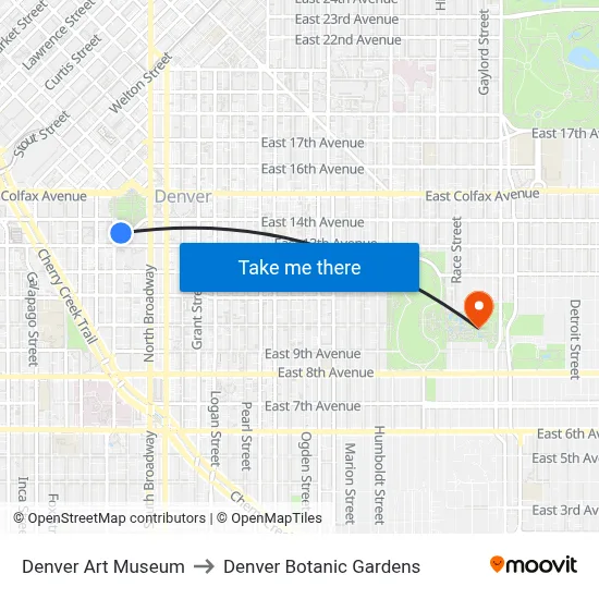 Denver Art Museum to Denver Botanic Gardens map