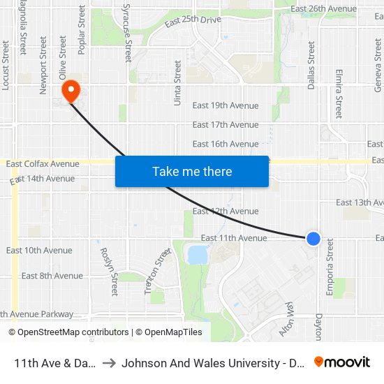 11th Ave & Dayton St to Johnson And Wales University - Denver Campus map