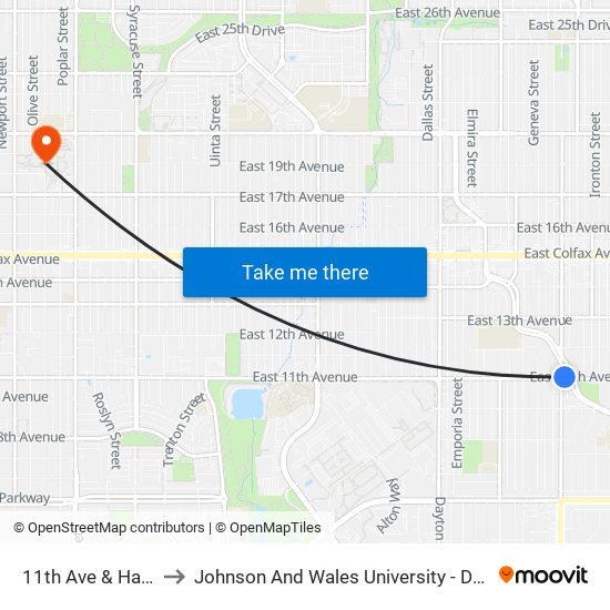11th Ave & Havana St to Johnson And Wales University - Denver Campus map