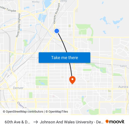 60th Ave & Dahlia St to Johnson And Wales University - Denver Campus map