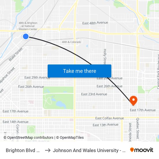 Brighton Blvd & 43rd St to Johnson And Wales University - Denver Campus map