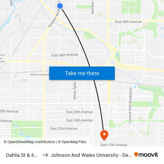 Dahlia St & 60th Ave to Johnson And Wales University - Denver Campus map