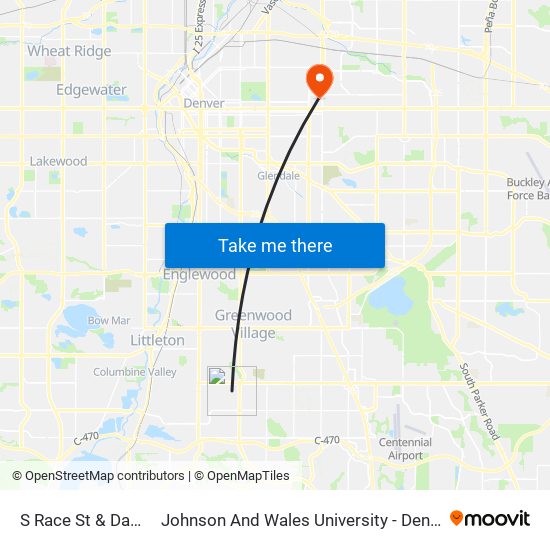 S Race St & Davies Pl to Johnson And Wales University - Denver Campus map