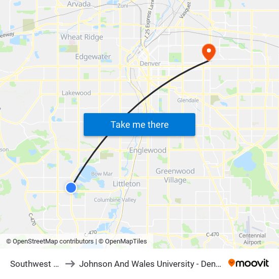 Southwest Plaza to Johnson And Wales University - Denver Campus map