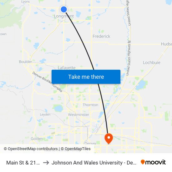 Main St & 21st Ave to Johnson And Wales University - Denver Campus map