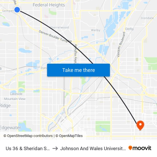 Us 36 & Sheridan Station Gate A to Johnson And Wales University - Denver Campus map