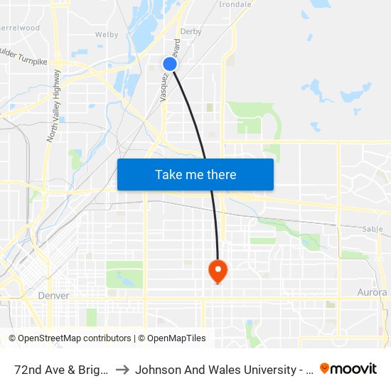 72nd Ave & Brighton Blvd to Johnson And Wales University - Denver Campus map