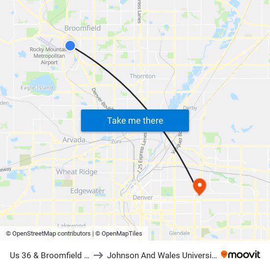 Us 36 & Broomfield Station Gate D to Johnson And Wales University - Denver Campus map