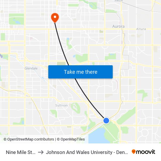 Nine Mile Station to Johnson And Wales University - Denver Campus map