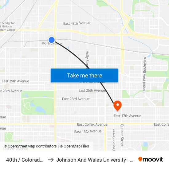 40th / Colorado Station to Johnson And Wales University - Denver Campus map