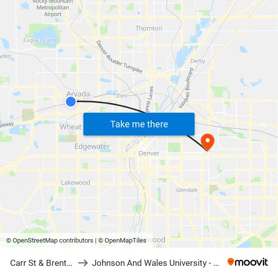 Carr St & Brentwood St to Johnson And Wales University - Denver Campus map