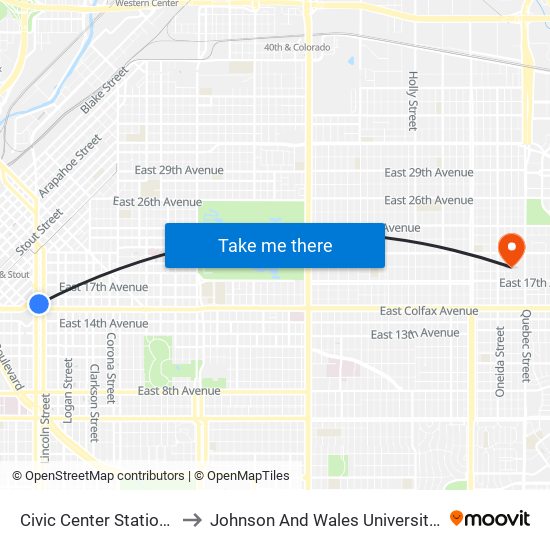 Civic Center Station Gates 5 & 6 to Johnson And Wales University - Denver Campus map