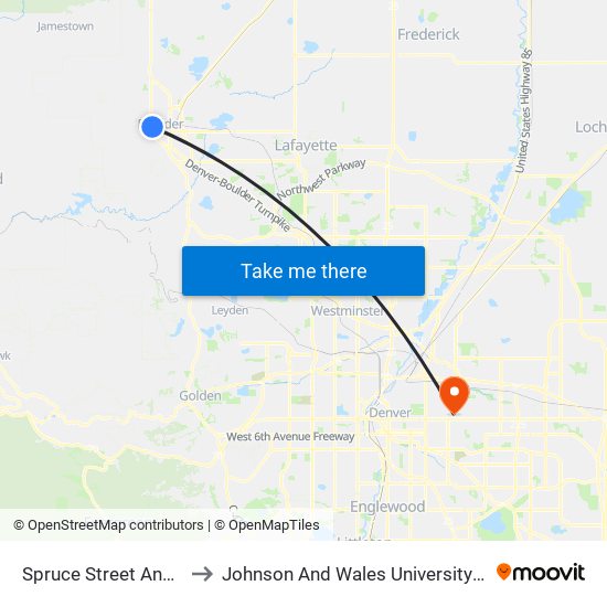 Spruce Street And Broadway to Johnson And Wales University - Denver Campus map