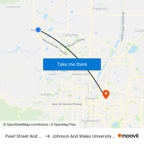 Pearl Street And 28th Street to Johnson And Wales University - Denver Campus map
