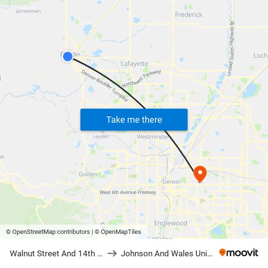 Walnut Street And 14th Street (Boulder Station) to Johnson And Wales University - Denver Campus map