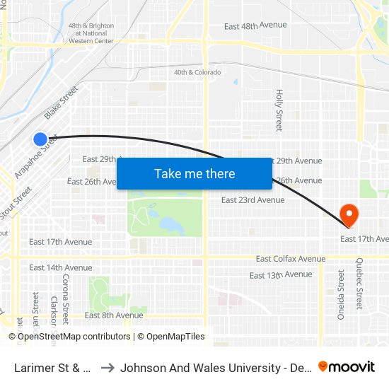 Larimer St & 30th St to Johnson And Wales University - Denver Campus map