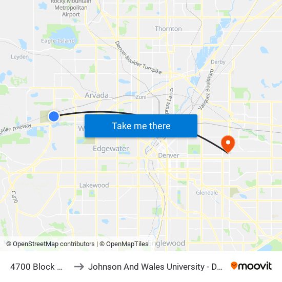 4700 Block Ward Rd to Johnson And Wales University - Denver Campus map