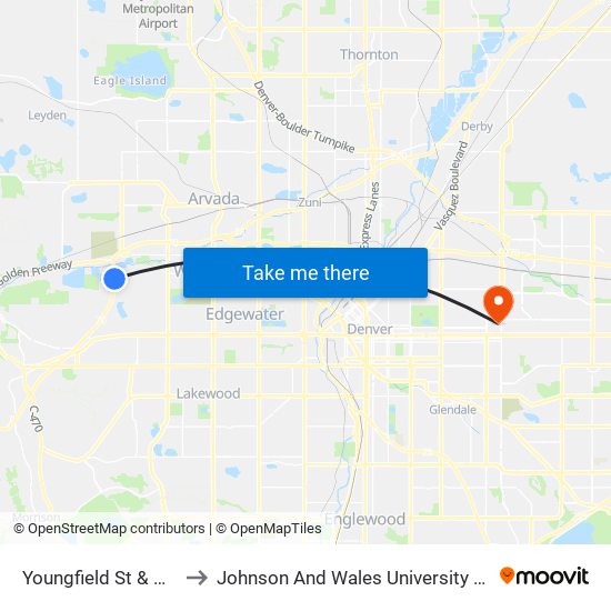 Youngfield St & W 38th Ave to Johnson And Wales University - Denver Campus map