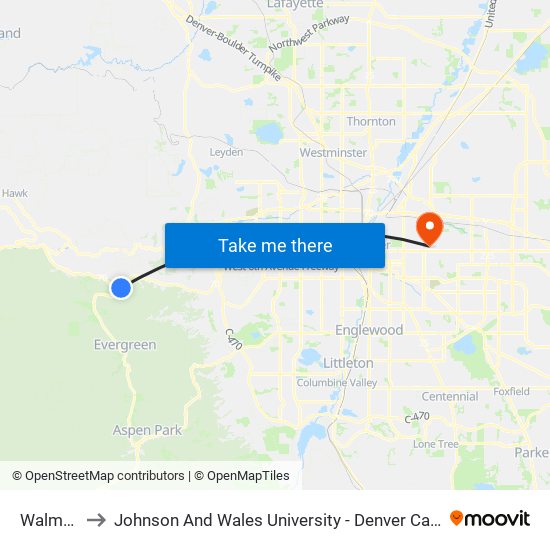 Walmart to Johnson And Wales University - Denver Campus map