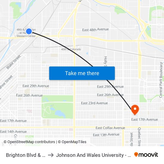 Brighton Blvd & 47th Ave to Johnson And Wales University - Denver Campus map