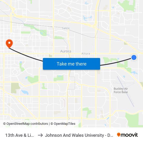 13th Ave & Lisbon St to Johnson And Wales University - Denver Campus map