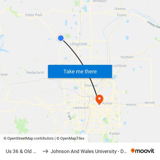 Us 36 & Old Main Wb to Johnson And Wales University - Denver Campus map