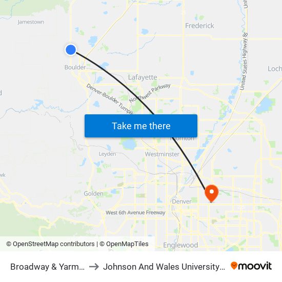 Broadway & Yarmouth Ns Sb to Johnson And Wales University - Denver Campus map