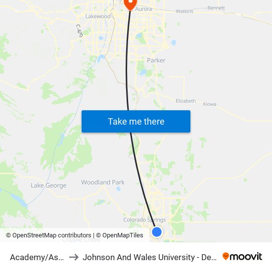 Academy/Astrozon to Johnson And Wales University - Denver Campus map