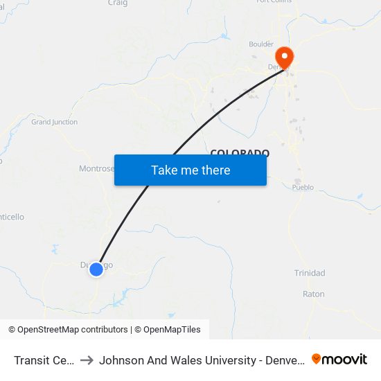 Transit Center to Johnson And Wales University - Denver Campus map