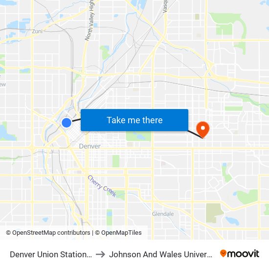 Denver Union Station Bus Concourse to Johnson And Wales University - Denver Campus map