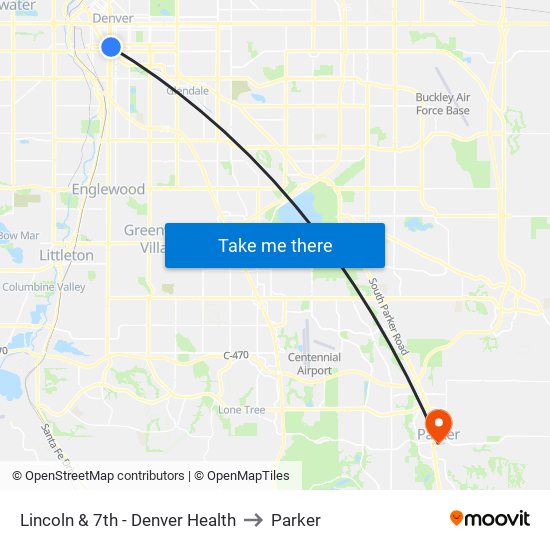 Lincoln & 7th - Denver Health to Parker map