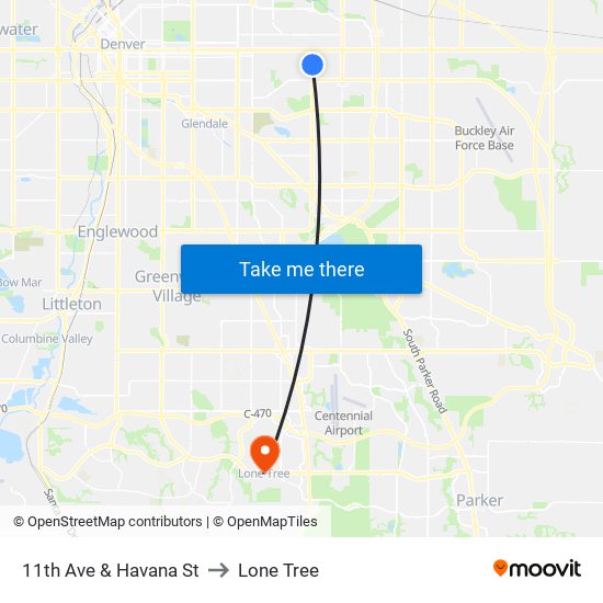 11th Ave & Havana St to Lone Tree map