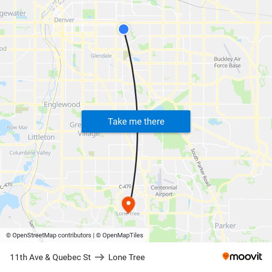 11th Ave & Quebec St to Lone Tree map