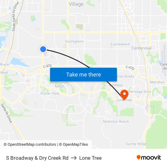 S Broadway & Dry Creek Rd to Lone Tree map