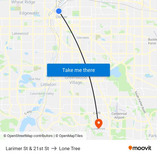 Larimer St & 21st St to Lone Tree map