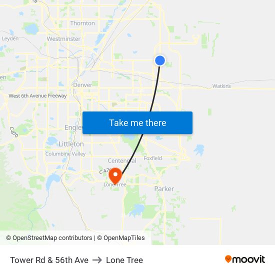 Tower Rd & 56th Ave to Lone Tree map