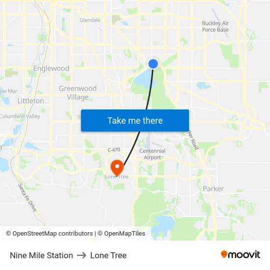 Nine Mile Station to Lone Tree map