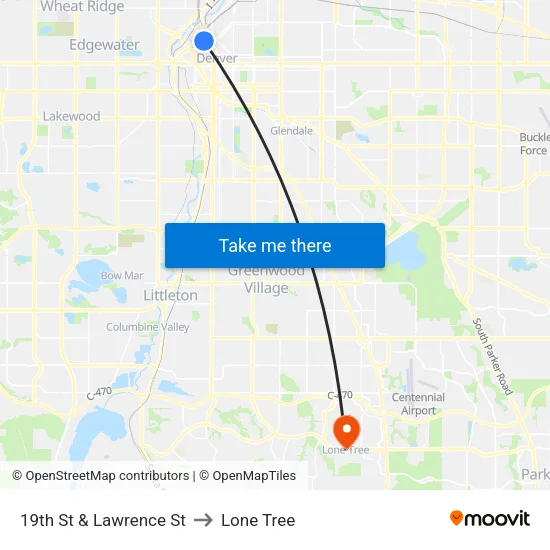 19th St & Lawrence St to Lone Tree map