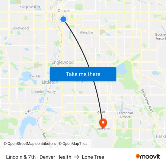 Lincoln & 7th - Denver Health to Lone Tree map