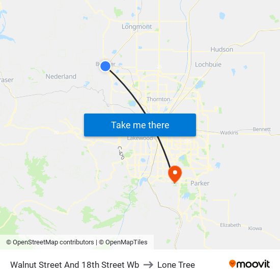 Walnut Street And 18th Street Wb to Lone Tree map