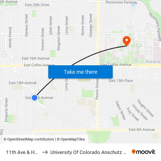 11th Ave & Havana St to University Of Colorado Anschutz Medical Campus map